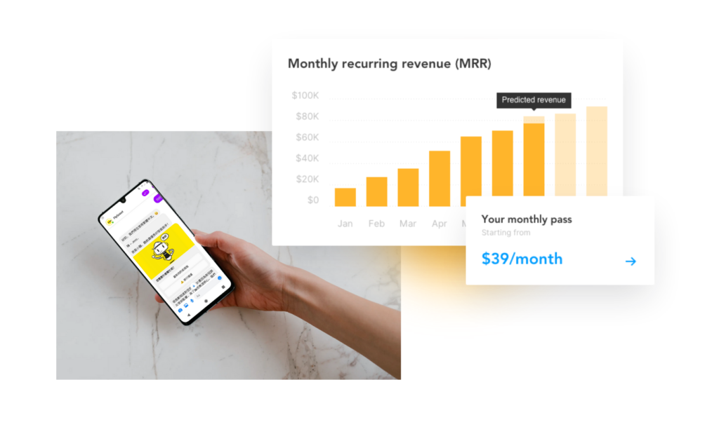 Showing a chatbot mobile on left and a graph on the right