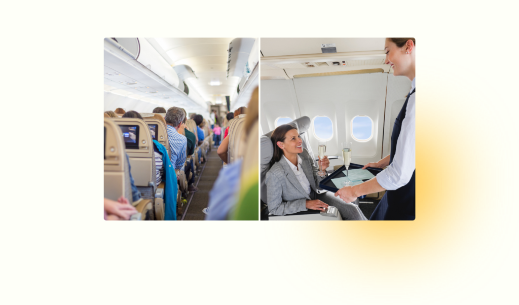 Picture of packed airplane on left and someone given champagne on right